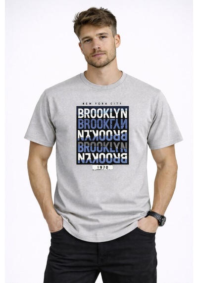 Herkesemoda Brooklyn Yazı Detaylı Erkek Basic T-shirt Gri