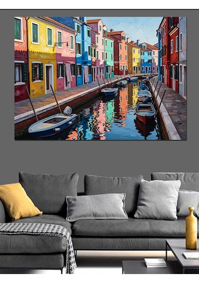 Ahşap Tablo Renkli İtalyan Evleri Ve Kanal Dekoratif Tablolar