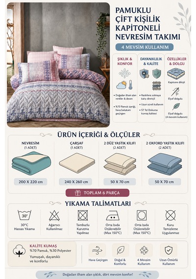 Halley Home Pamuklu Çift Kişilik Kapitone 4 Mevsim Nevresim Takımı Çok Renkli
