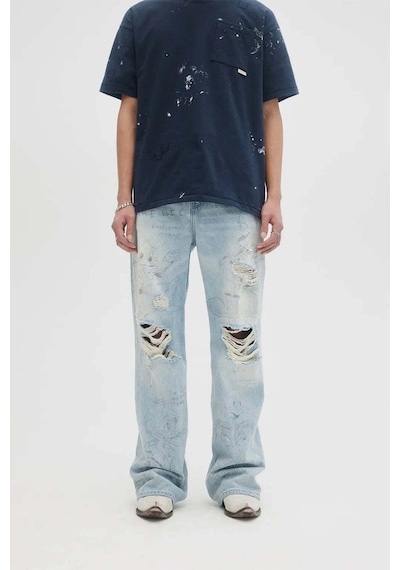 Domrebel Quack Bootcut Jeans: Özgün Dom Rebel Tasarımlı Rahat Kesim Yırtık Kot Pantolonlar Açık Mavi