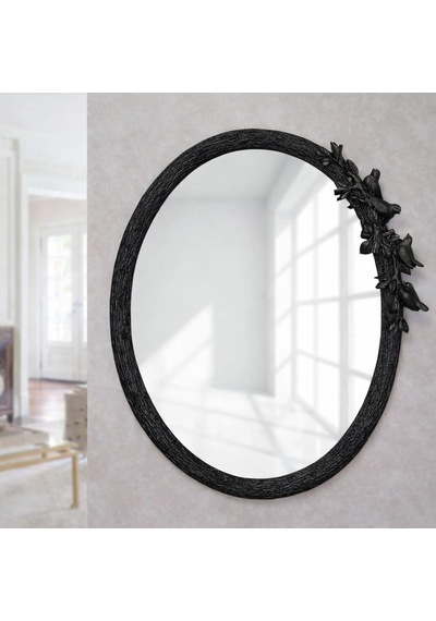 Kuş Figürlü Dekoratif Duvar Aynası Ağaç Dalı Tasarım Oval Ayna, Salon Antre İçin Şık Ayna Siyah Diğer