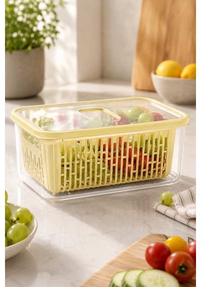 Süzgeçli Fresh Saklama Kabı 3,5 Lt Sebze Meyve Yıkama Ve Saklama Kabı Bej