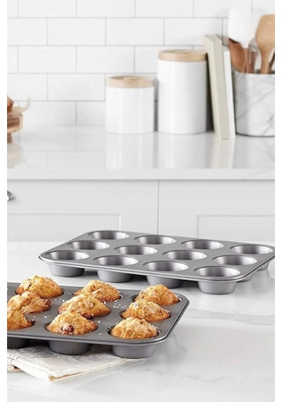 Paslanmaz Yapışmaz Çelik 12'li Muffin Kek Kalıbı 26x 38 Cm Cupcake Kalıbı 1. Sınıf Malzeme Kek Kalıp Siyah