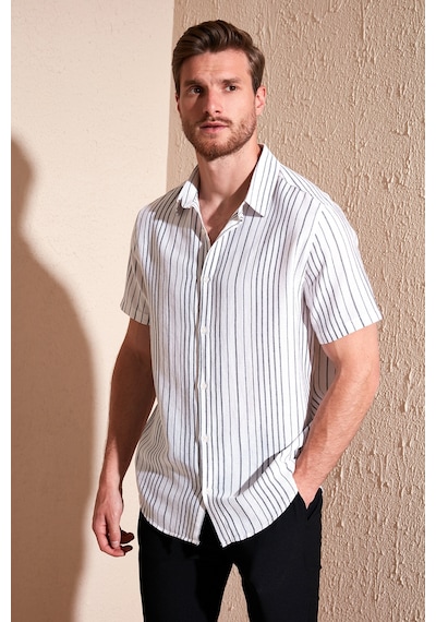 Buratti Çizgili Pamuklu Slim Fit Kısa Kollu Erkek Gömlek Cf23S116097 Beyaz-Siyah