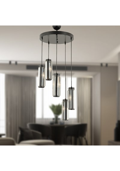 Natali 5 Li Yuvarlak Siyah Modern Kristalli, Taşlı Modern Tasarım Kristal Salon Sarkıt Avize