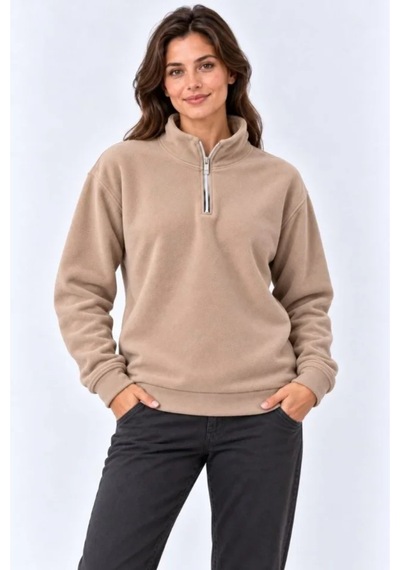 Butik İstanbul Polar Dik Yaka Yarım Fermuarlı Uzun Kollu Regular Fit Kışlık Sweatshirt - Bej