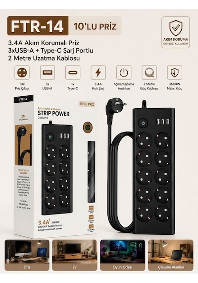 10'lu Priz, 3 Usb, 3.4 Amper, 1 Type-c Girişli 16a Akım Korumalı Uzatma Kablolu Priz Çoklayıcı 1 - 3 M