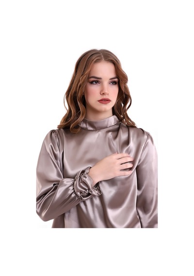 Mois Atelier Vizon Saten Büzgülü-Pileli Bluz, Tasarım, Büyük Beden, Tesettür