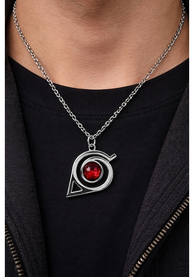 Naruto Konoha Sharingan Kolye Gümüş Renk 60 Cm Unisex Metal Zincir Çok renkli