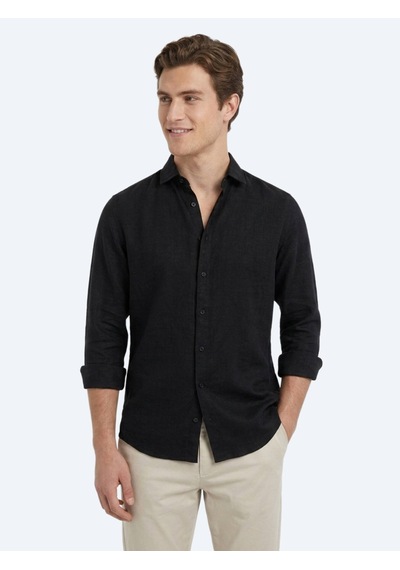 Kip Siyah Düz Regular Fit Uzun Dokuma Casual Pamuk Karışımlı Gömlek