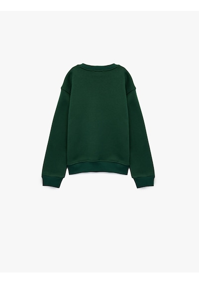 Koton Geyik Nakış Detaylı Uzun Kollu Bisiklet Yaka Şardonlu Sweatshirt Yeşil 6wkg10376ak