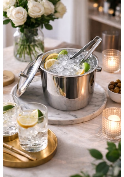 Kapaklı Termoslu Buz Kovası - Kulplu Paslanmaz Çelik Ice Bucket Gri