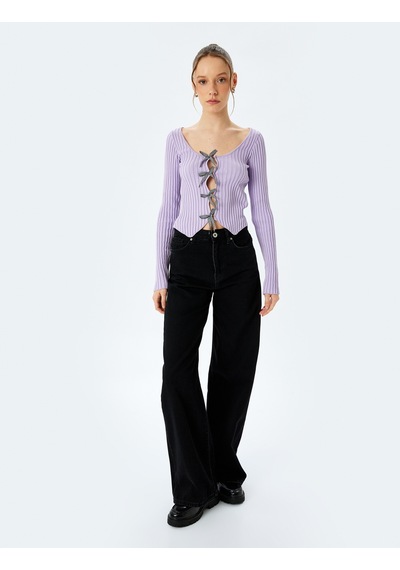Koton Fiyonklu V Yaka Slim Fit Crop Triko Hırka Lila 5sal90020ht Lila