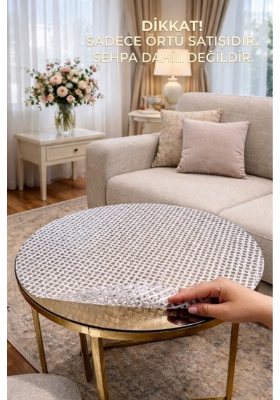 Gümüş Gri Yuvarlak Orta Sehpa Masa Örtüsü Pvc, Silinebilir, Dantel Desen