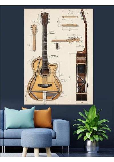 Eski İki Klasik Gitar Eskizi Dekoratif Kanvas - Mdf Ahşap Tablo