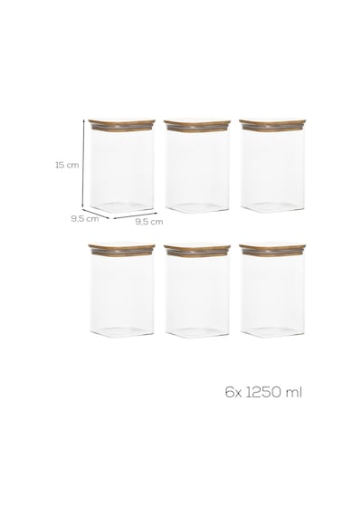 Porsima 6-3 Bambu Vakumlu Kapaklı Kare Borsilikat Cam 6lı Kavanoz Seti Saklama Kabı 1250ml 9,5x15cm Ahşap - Şeffaf