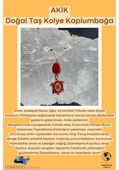 Sertifikalı Akik Doğal Taş Tasarım Kolye El Yapımı Kırmızı Kaplumbağa Obje Detay Aaa Kalite Çok REnkli