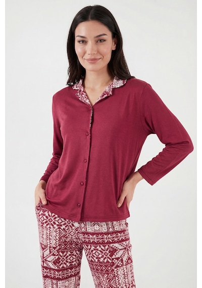 Lela Desenli Regular Fit Apaş Yaka Beli Lastikli Bol Paça Bayan Pijama Takımı 65714300 Bordo