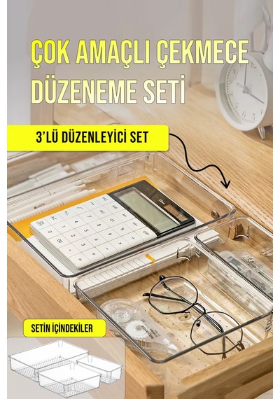 3 Parça Çekmece İçi Düzenleyici Çok Amaçlı Organizer Makyaj Malzemeleri Kırtasiye Banyo Ofis Şeffaf
