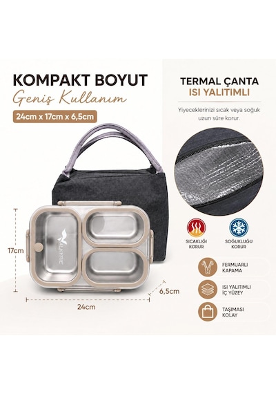 Valkyrie 304 Paslanmaz Çelik 3 Bölmeli Lunch Box Termal Çantalı Sızdırmaz Kapaklı Beslenme Kabı Açık Kahve