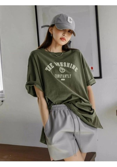 Flood Of Style Kadın Haki The Sunshine Baskılı Oversize Bisiklet Yaka Tshirt