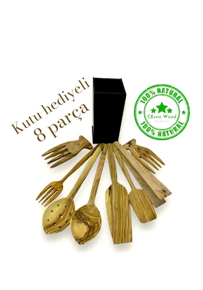 Zeytin Ağacı 8 Parça Kaşık Spatula Salata Eli Çatal Kevgir Maşa Açık Ahşap