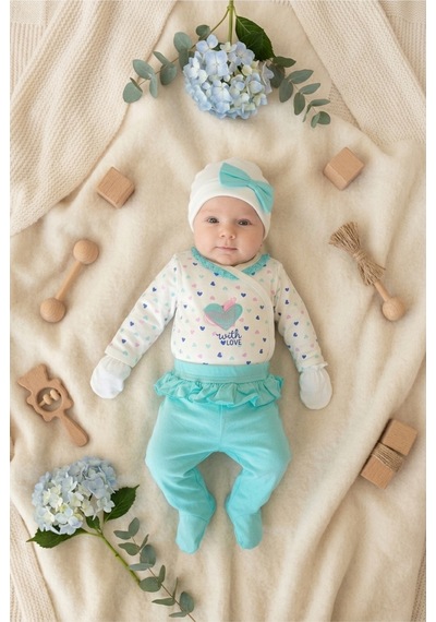 Bambık İmajbebe %100 Pamuk Kalp Motifli 10'lu Kız Bebek Hastane Çıkışı Seti Beyaz Beyaz