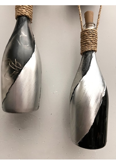 El Figürlü Duvar Lambası Pilli Led Işıklı Dekoratif Şişe Aydınlatma Rustik & Vintage El Yapımı D Gümüş - Siyah