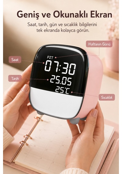 Çok Fonksiyonlu Led Masa Saati 1200 Mah Şarjlı, 3 Alarmlı,dokunmatik Gece Lambalı Ve Sıcaklık Göstergeli Pembe Pembe