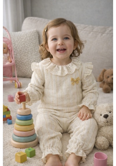 Babyhola Kız Bebek Takım Bayramlık Fiyonk Detaylı Simli Müslin İkili Set 2006 Altın