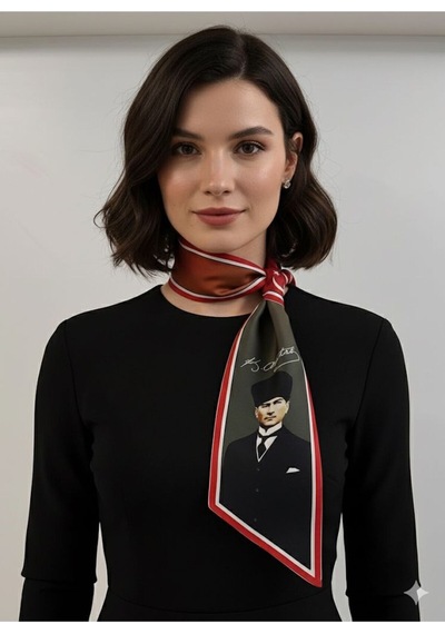 Tarzını Seç Atatürk Fotoğraflı Ve İmzalı Türk Bayraklı Kravat / Eşarp / Fular Kırmızı