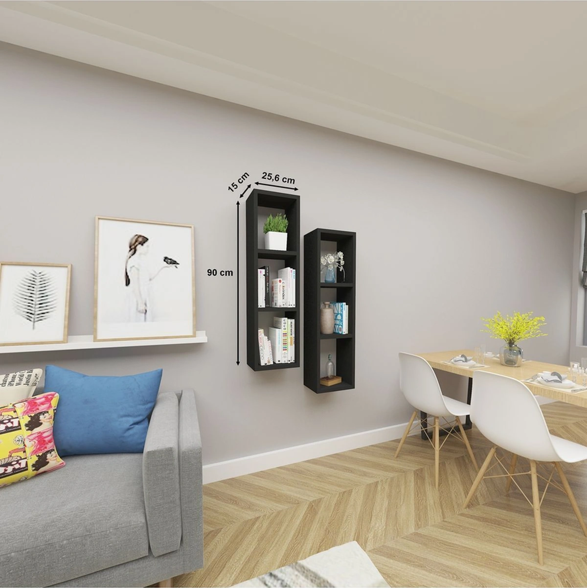 Kitaplık Salon Duvar Rafı Çapraz Ikili Mobilya Takım Siyah Siyah