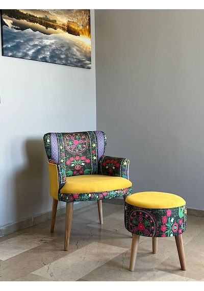 Azra Mobilya Berjer Puf Set-ikili Balkon Koltuğu-berjer-koltuk-tekli Koltuk Puflu -kumaş - Doğal Ahşap Sarı