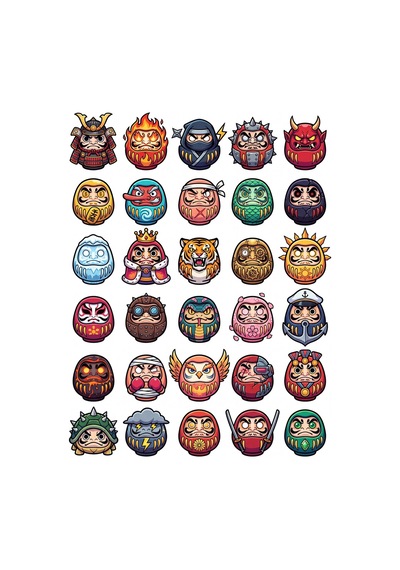 30 Adet Japon Daruma Savaşçı Sticker Seti - Laptop, Kılıf Ve Defter İçin Çok Renkli