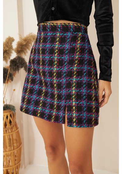 Darlin Moda Mor Yırtmaç Detaylı Tweed Mini Etek Dm2004 Mor