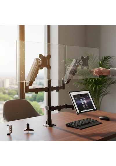 17 32 İnç Amortisörlü Çiftli Pivot Monitör Kolu Ve Tablet Kollu, Gazlı Yaylı, 2 9 Kg, Çift Montaj Seçeneği Sıkıştırma Ve Vidalama, 360 Döner, Vesa Uyumlu Stant, M03, Siyah