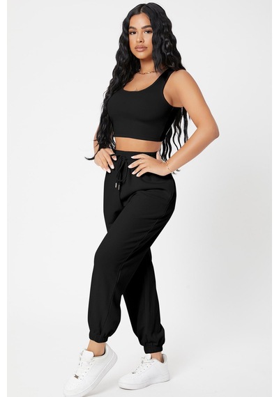 Moda Dua Kadın Siyah Kaşkorse Cepli Jogger Eşofman Altı Ve Crop Top Bluz