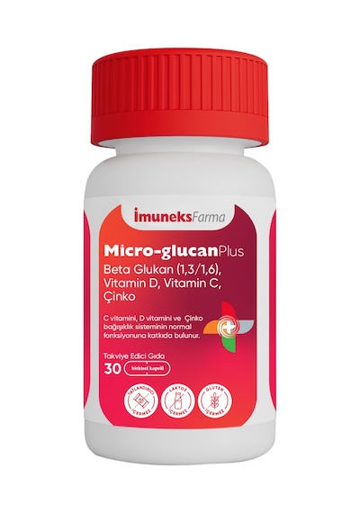 İmuneks Farma Mikro-Glucan Plus Beta Glukan (1,3/1,6), Vitamin D, C ve Çinko İçeren Takviye Edici Gıda 30 Kapsül