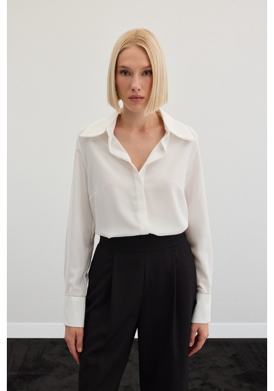 Sateen Aksesuarlı Klasik Gömlek - Ekru-136483 Ekru