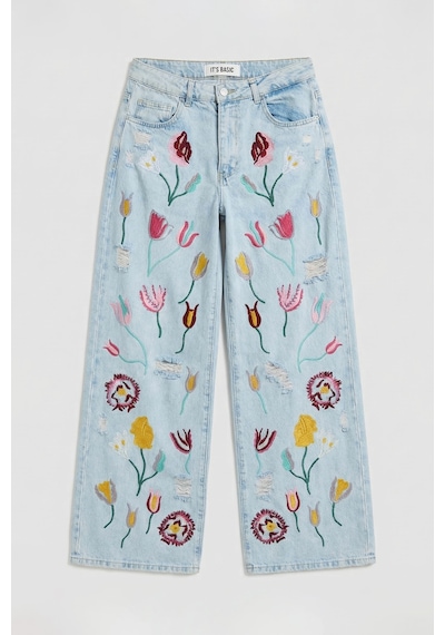 Itsbasic Kadın Ice 11s6-3 Palazzo Fit Gül Çiçek Nakış Detaylı Özel Tasarım Denim Jean Buz Mavi