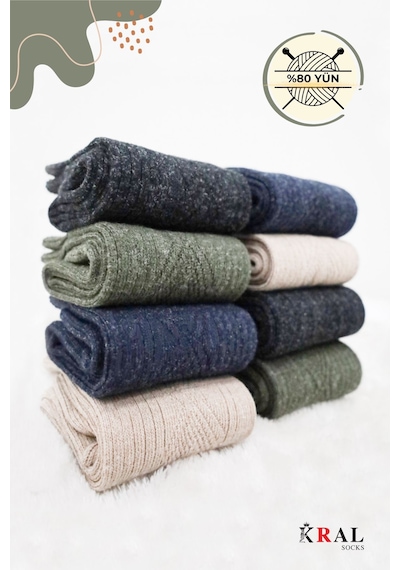 Kral Socks 8'li Kışlık Thermal Etkili Ince Örgülü Çorap, Lambswool Yünlü Kuzu Yünlü Asorti