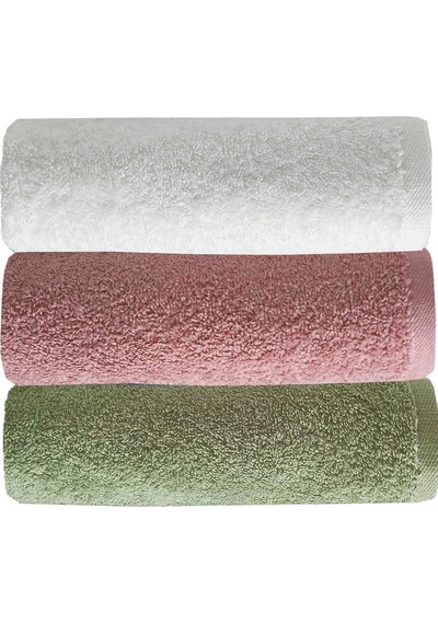 3 Lü Düz Renk El Yüz Havlu Seti %100 Pamuklu 50x90 Cm Yeşil Gül Beyaz Çok Renkli
