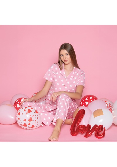 Over Sleep By Poleren Over Sleep 996 Kadın Kısa Kol Önden Düğme Pijama Takım Pudra