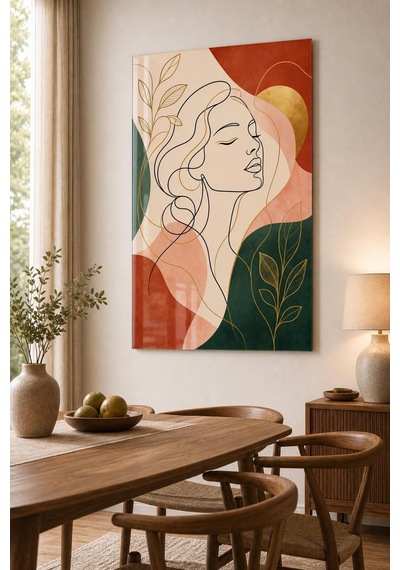 Kadın Portre Desenli Baskılı Cam Tablo Modern Line Art Uv Baskı Duvar Tablosu