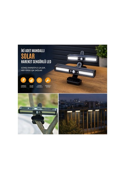 2'li Mandallı Led Solar Lamba - 36 Led - Hareket Sensörlü - 3 Modlu