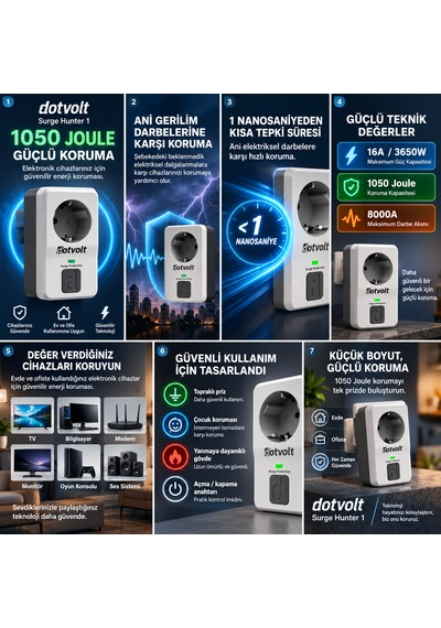 Dotvolt 4 Adet 1 Tekli Akım Korumalı Priz 1050 Joule 4 Lü Set 0