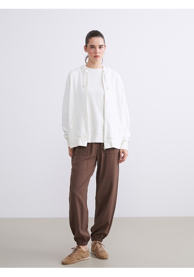 Lcw Vision Ekru Kapüşonlu Oversize Kadın Fermuarlı Sweatshirt