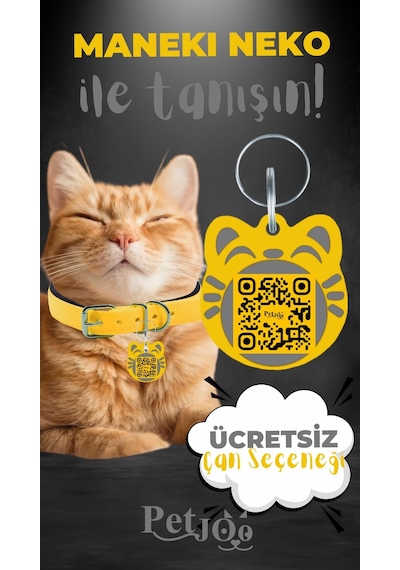 Petjoo 4.Maneki Neko Gri-Sarı Qr'lı Kedi Künyesi