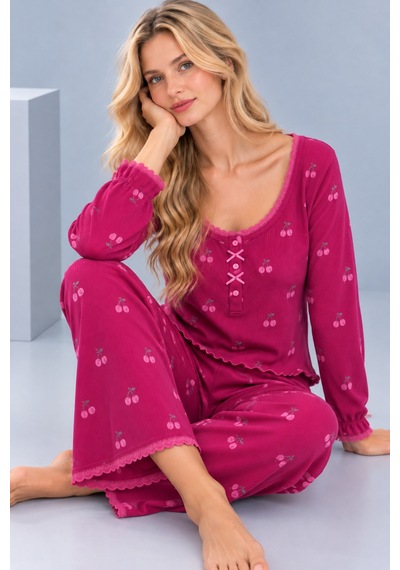 Pijamask Kadın Desenli Dantel Detaylı Fiyonk Ve Düğmeli Uzun Kollu Pijama Takımı Pembe-25