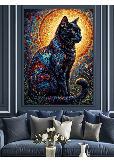 Mozaik Desenli Kara Kedi Gece Dekoratif Kanvas - Mdf Ahşap Tablo